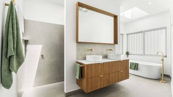 Hair dryer, towels, soap, shampoo