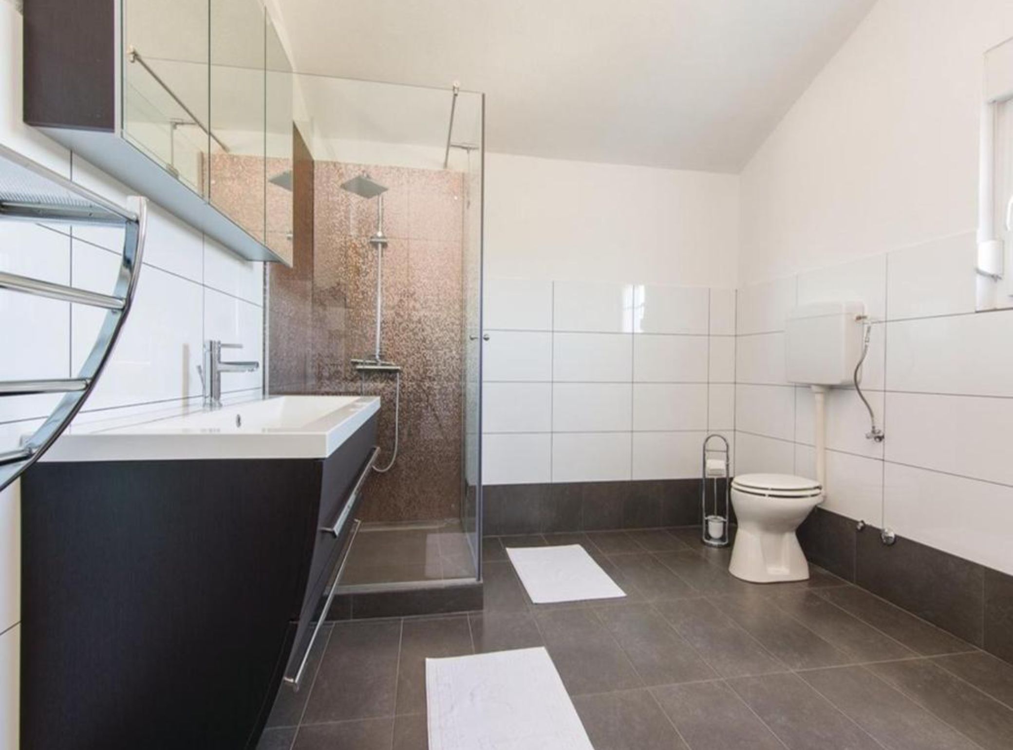 A modern bathroom with a glass-enclosed shower, a white toilet, and a dark-toned vanity.
