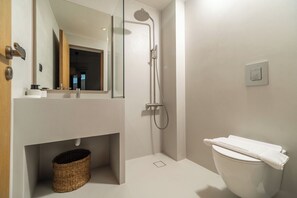 A modern bathroom with a shower, toilet, and a mirror above the sink. - Lofos Orizon Villa - Villa with pool in Crete (Mathés)