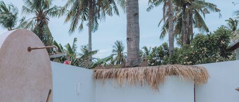 A private pool area with a curved edge, a bed with green and white striped bedding, and a thatched roof.