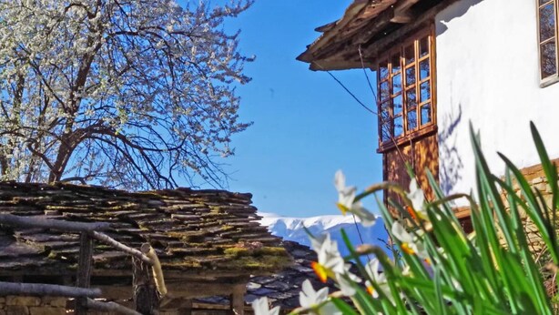 A traditional stone building with a wooden structure, a window with a grid pattern, and a snow-capped mountain in the background.