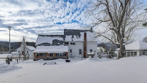 Zona residenziale innevata con case e un grande albero.