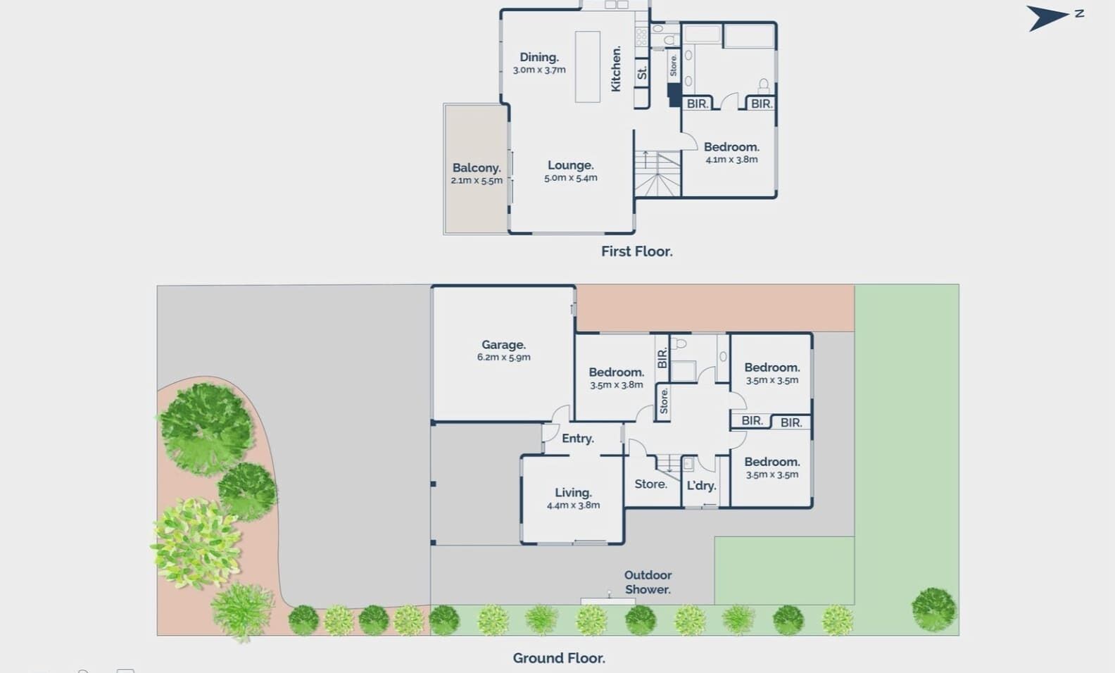 A first-floor layout with a dining area, kitchen, lounge, and bedrooms.