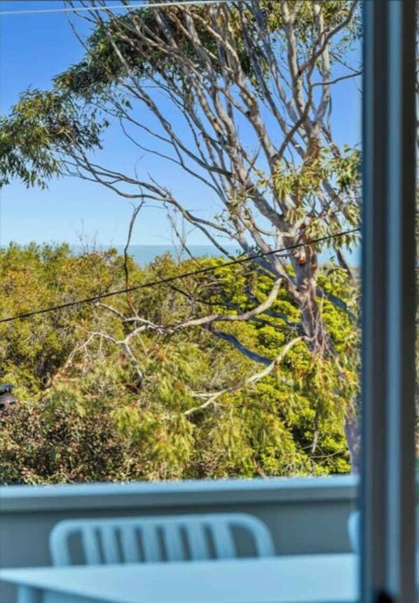 Vista desde un balcón con una mesa y sillas, sobre un paisaje verde y denso con árboles y cielo despejado.