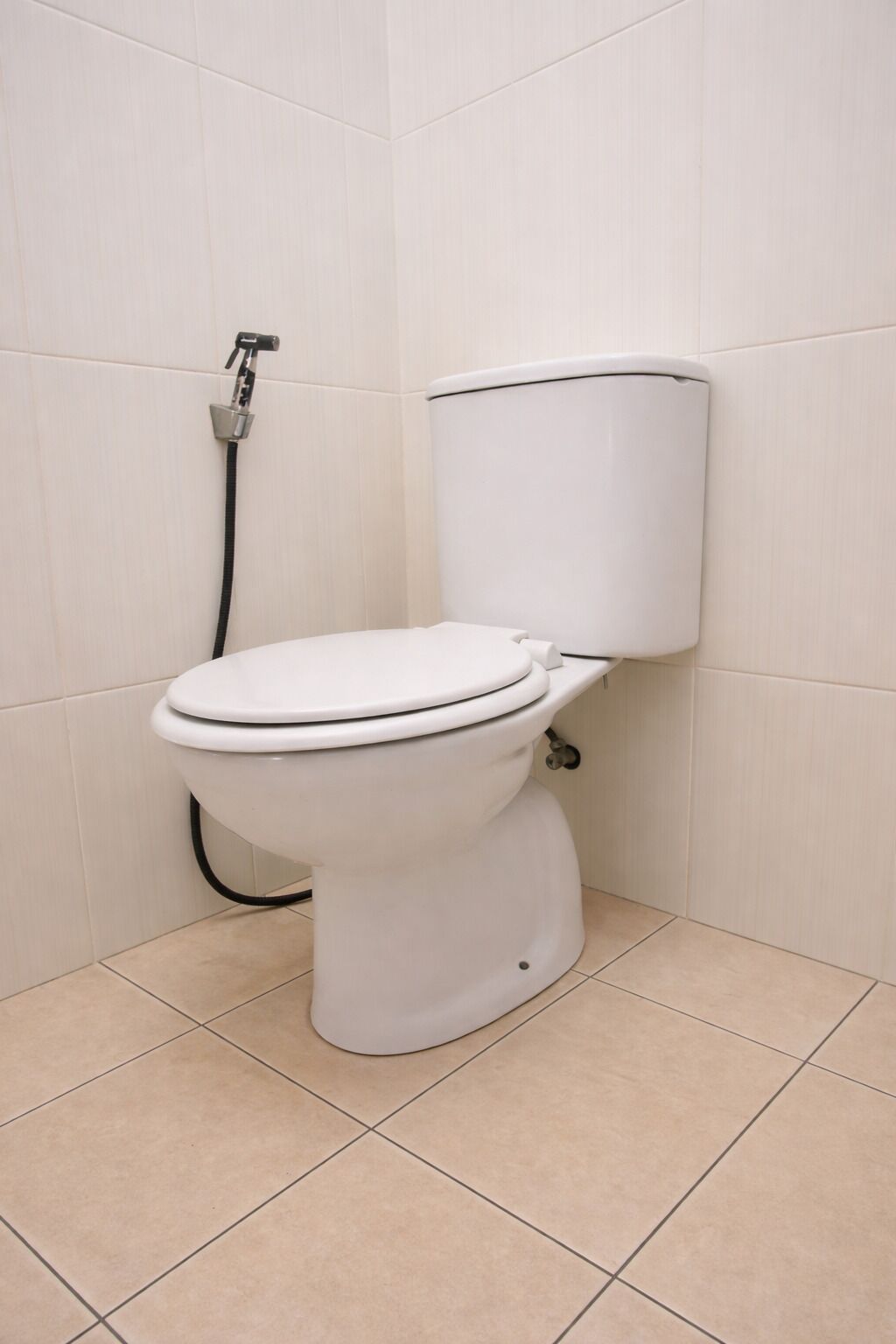 A white toilet with a tank and a bidet attachment in a bathroom with beige tiles.