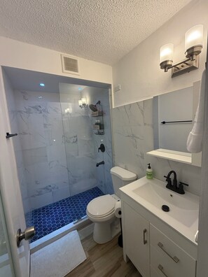 Douche, séchoir à cheveux, serviettes fournies, savon