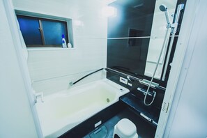 Hair dryer, towels, shampoo, toilet paper
