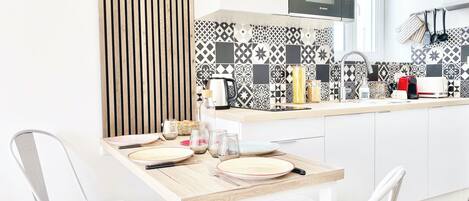 Fridge, microwave, oven, dishwasher