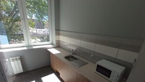 Una cocina con ventana, pileta, microondas y muebles de madera.