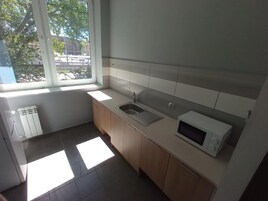 Una cocina con ventana, pileta, microondas y muebles de madera.