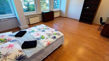 A bedroom with a bed, large windows, a radiator, and a bookshelf.