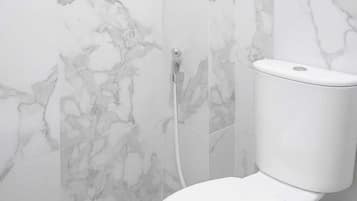 Regadera, secadora de cabello, toallas, jabón