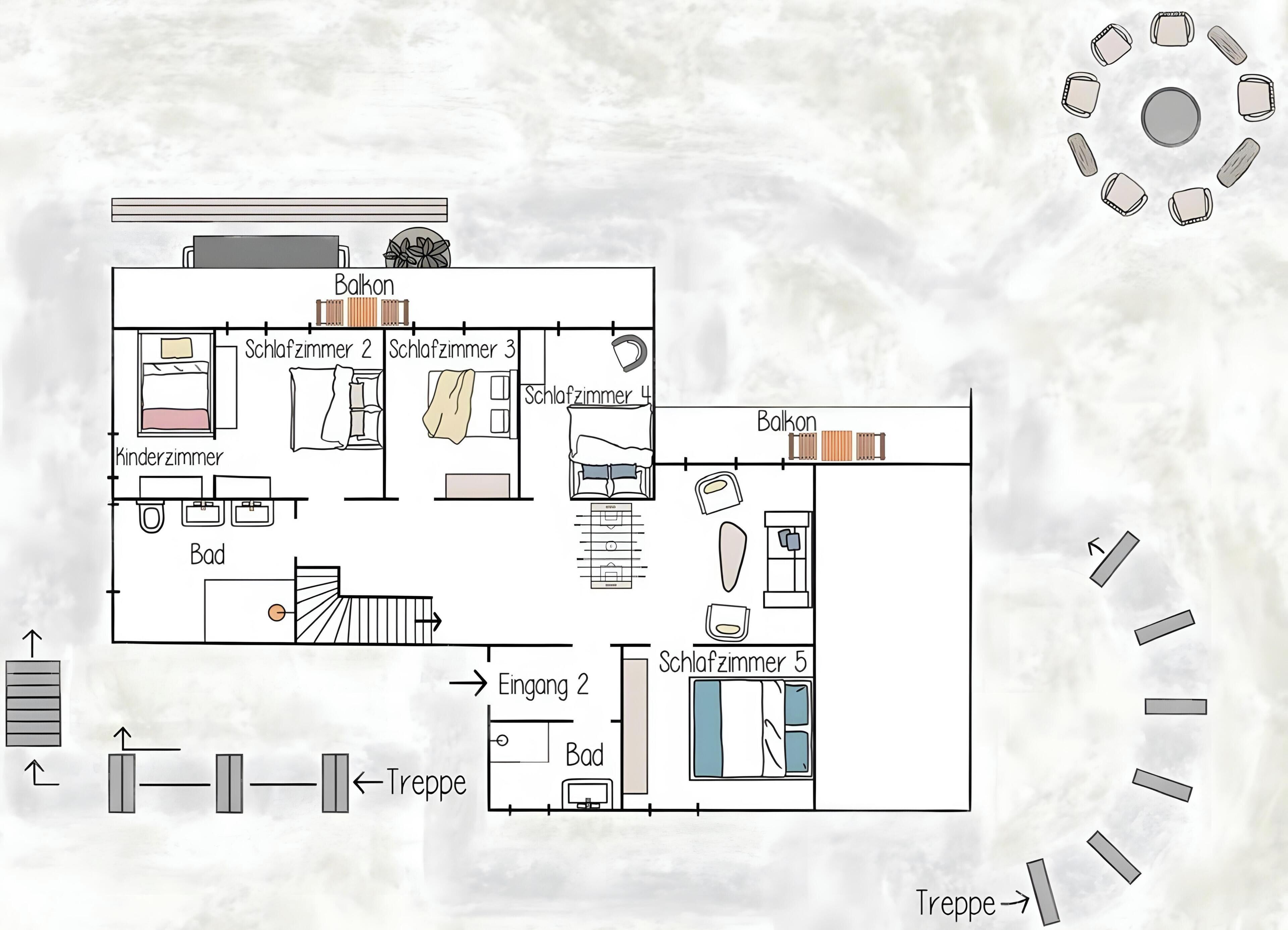 Plano de un hotel que muestra varias habitaciones, un baño, un balcón y una escalera.