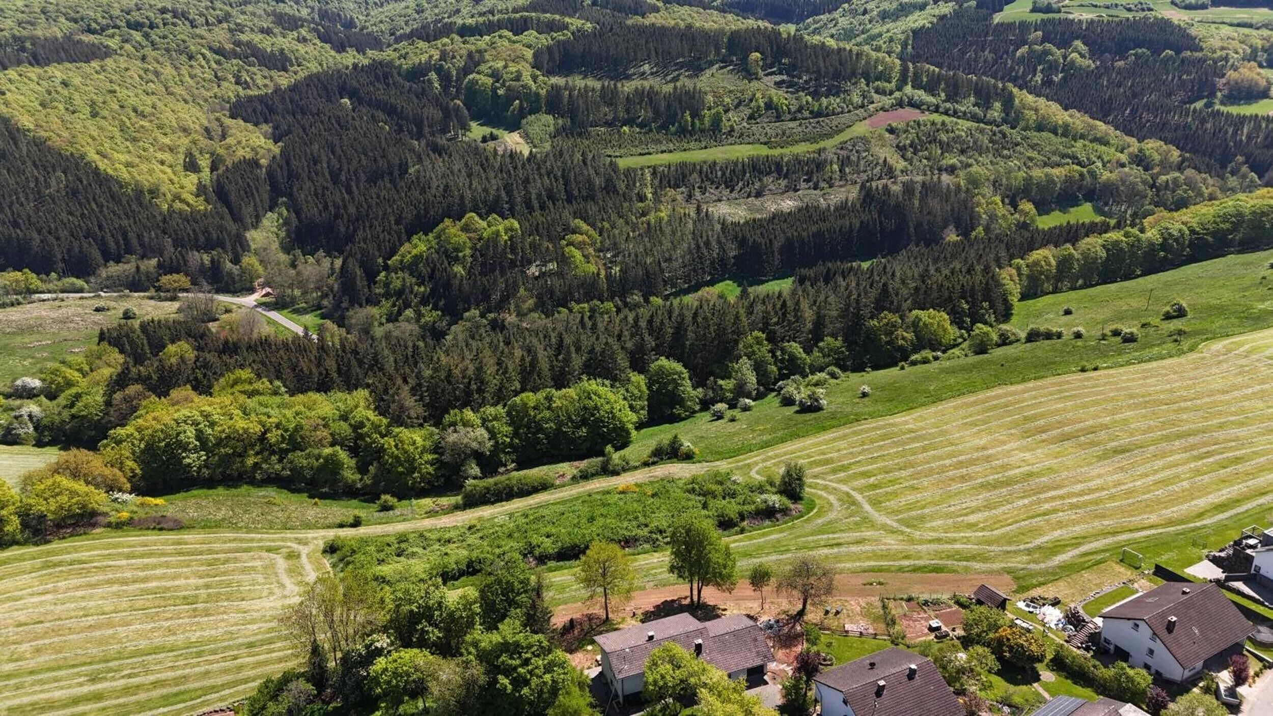 A rural landscape with fields, trees, and a few houses.