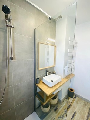Sèche-cheveux, serviettes fournies, savon, papier toilette