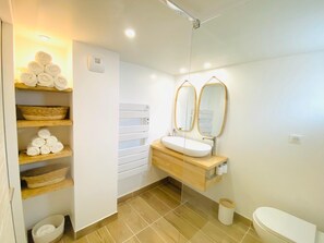 Sèche-cheveux, serviettes fournies, savon, papier toilette