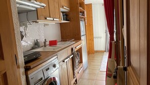 A compact kitchen with wooden cabinets, a washing machine, and a refrigerator. - Nice Apt for 4 pers mountain view (Morillon)
