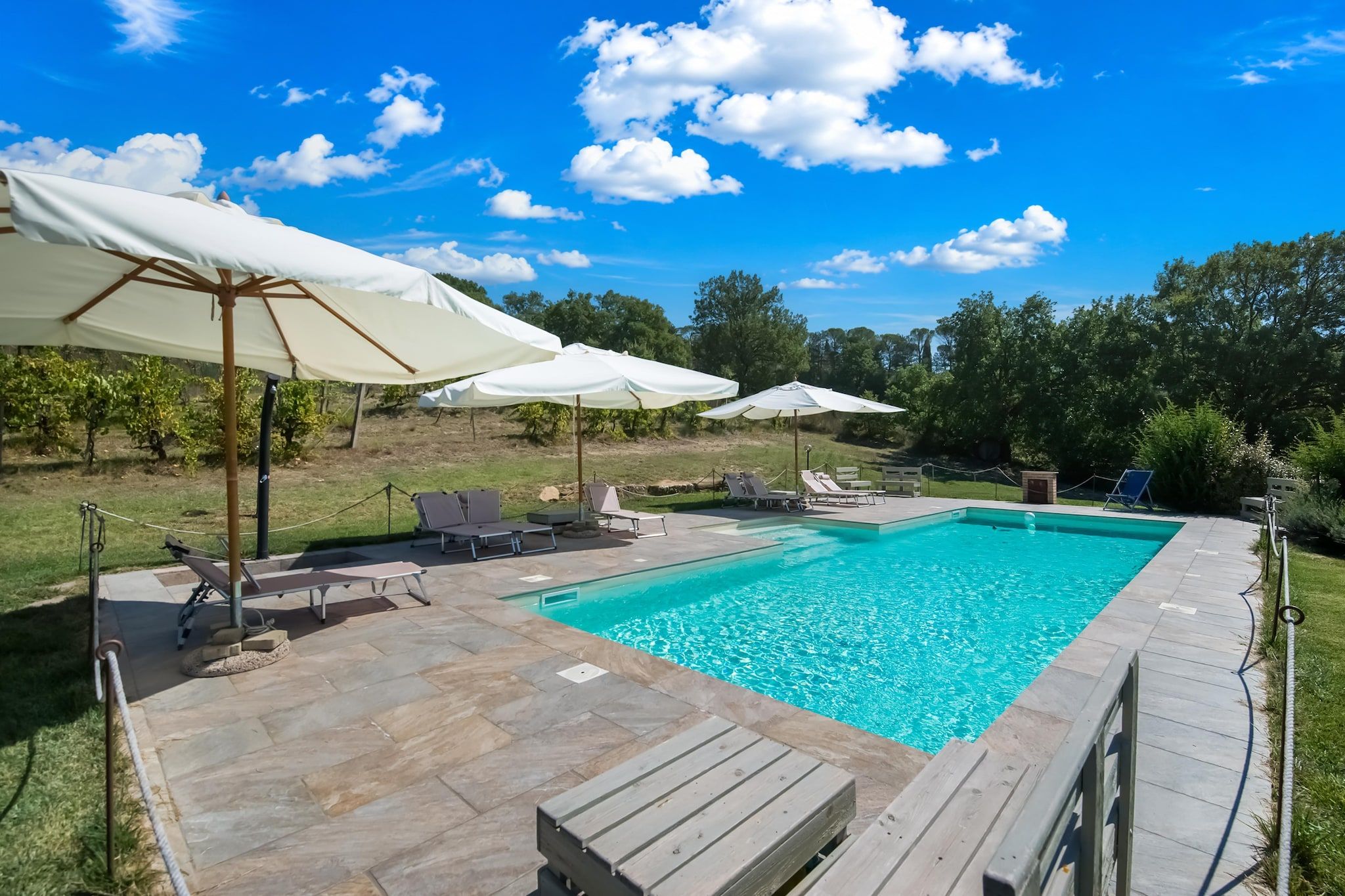 Une piscine entourée d’une terrasse et de verdure, avec des chaises longues et des parasols.