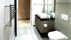 A modern bathroom with a glass shower enclosure, a white sink, and a large mirror.