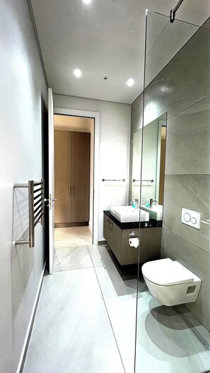 Douche, sèche-cheveux, serviettes fournies, savon