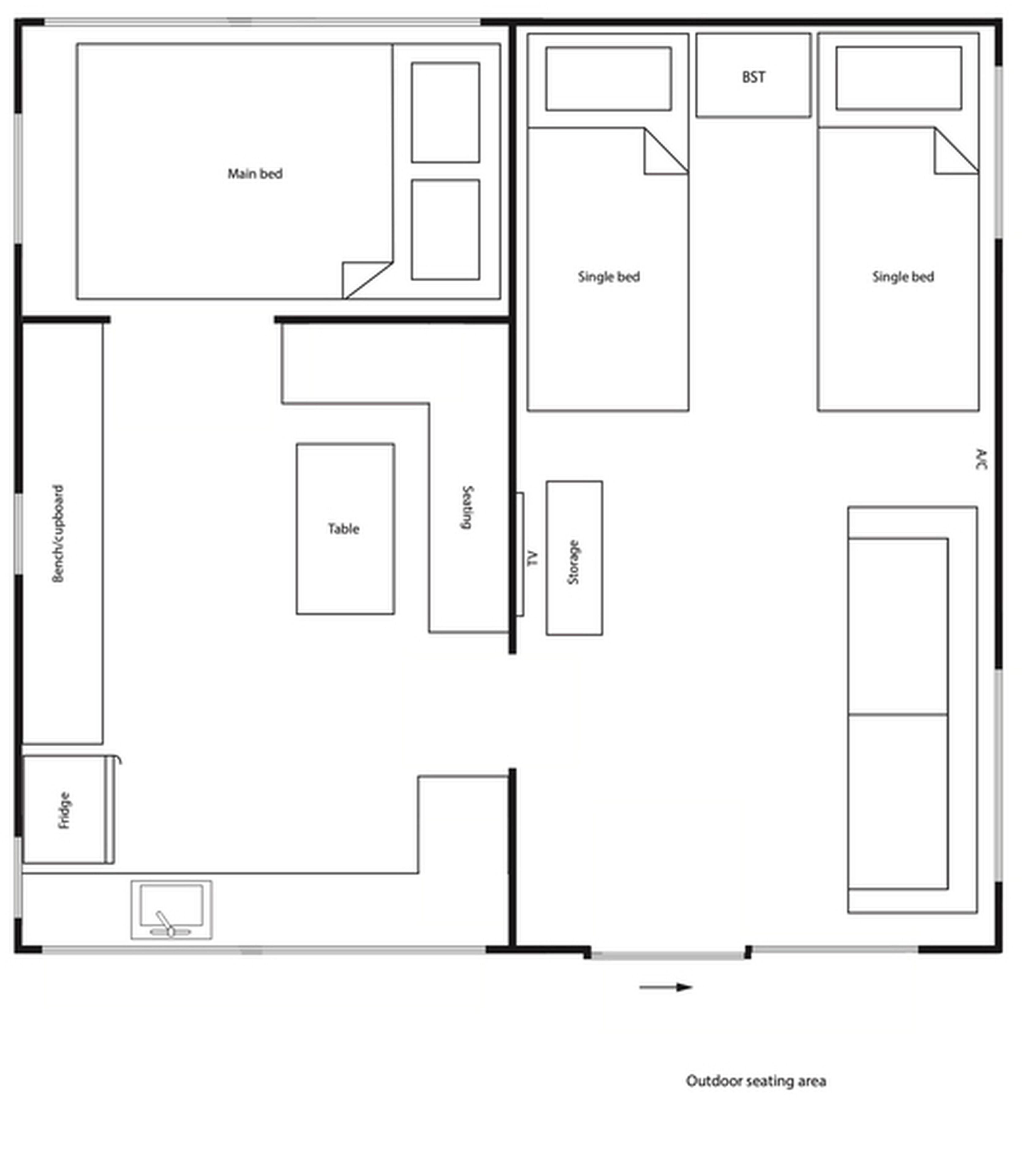 A floor plan with a main bed, two single beds, a bench cupboard, a TV, a fridge, a table, and a storage area.