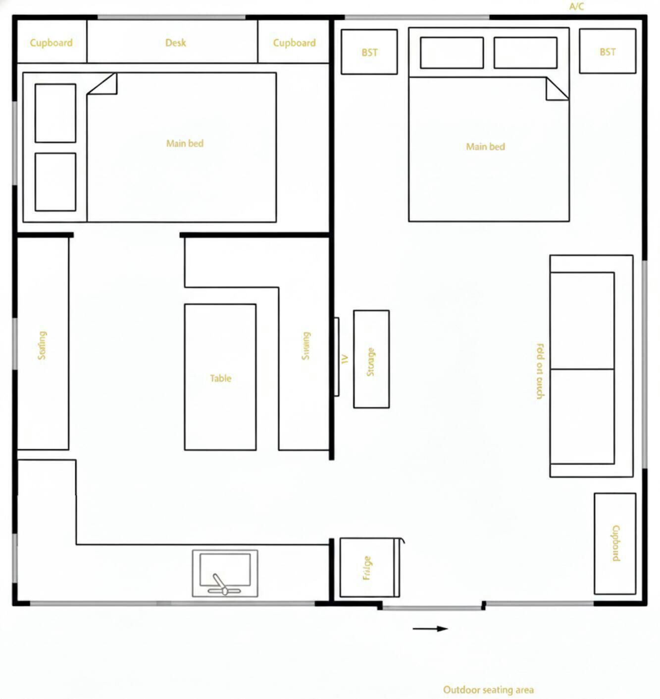 A floor plan with a main bed, a desk, a table, a fridge, a storage area, and an outdoor seating area.