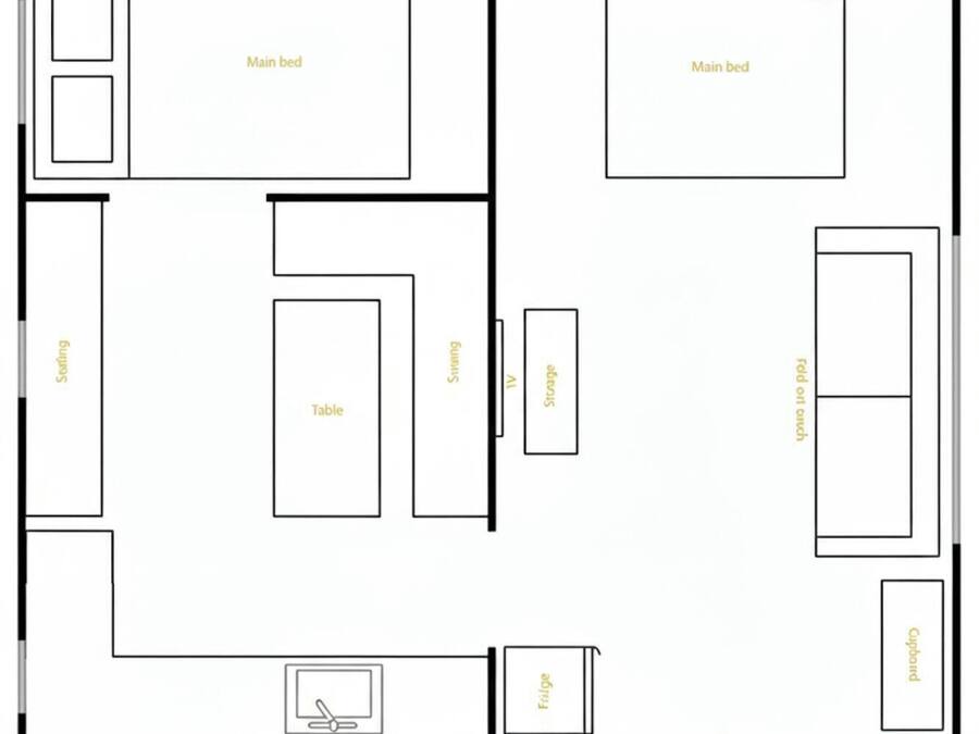 A floor plan with a main bed, a desk, a table, a fridge, a storage area, and an outdoor seating area.