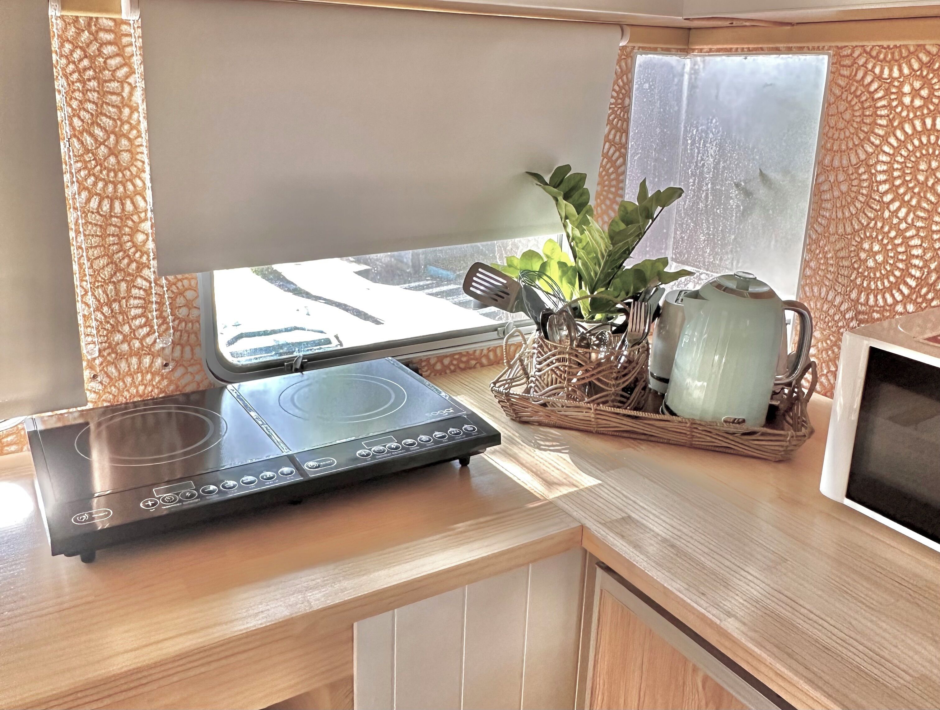 Une cuisine équipée d’une plaque de cuisson à induction intégrée, d’un four à micro-ondes et d’une fenêtre donnant sur un paysage enneigé.