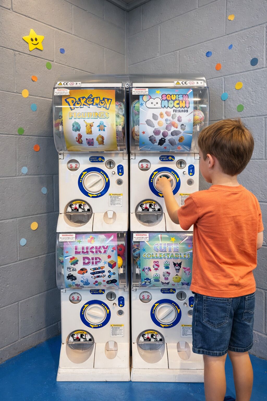 A child playing with a row of vending machines featuring Pokémon, Squishmallows, and other collectibles.