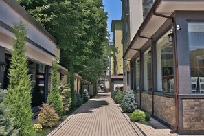 Un chemin bordé de bâtiments aux grandes fenêtres et agrémenté de verdure.