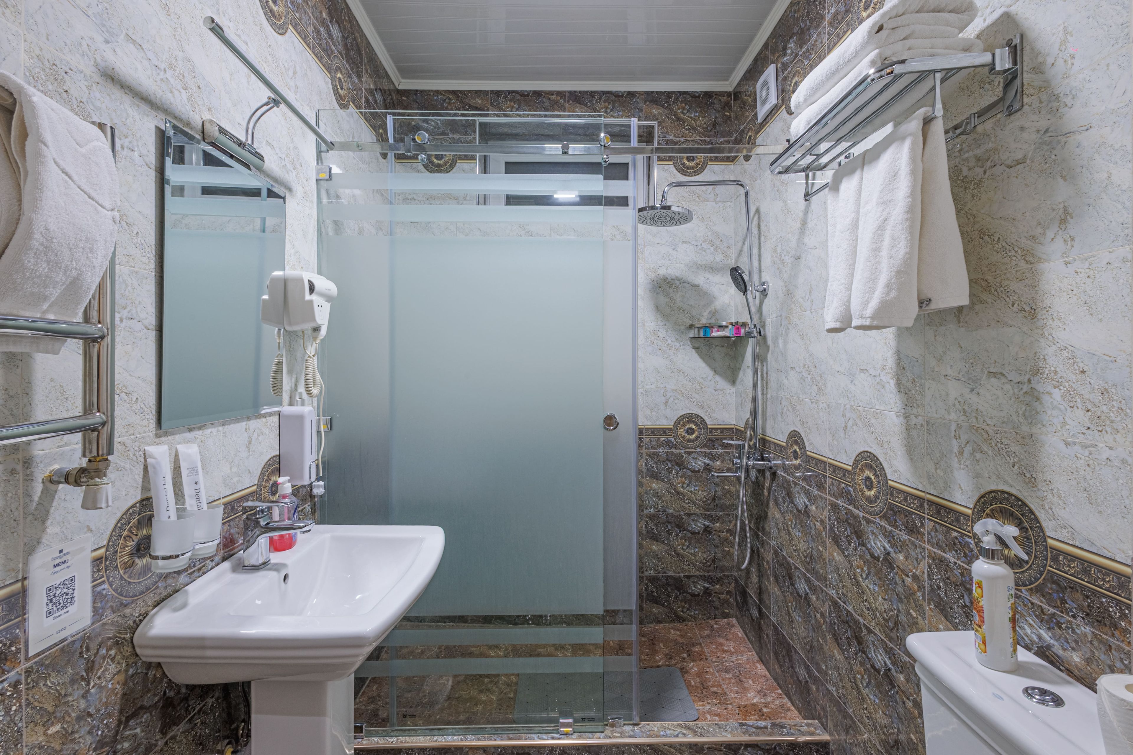Une salle de bain avec une douche à parois de verre, un lavabo et un porte-serviettes.