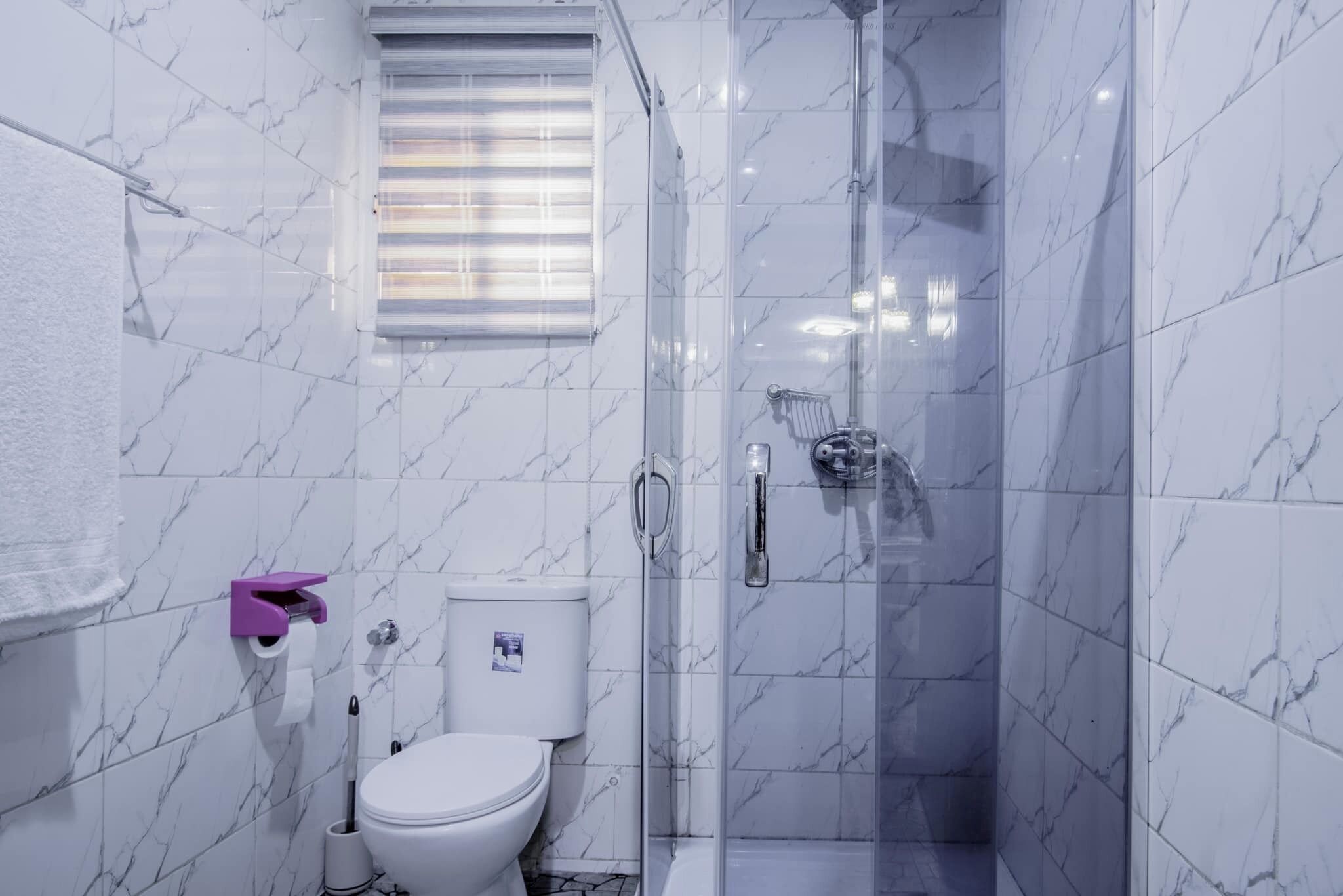 A bathroom with white marble tiles, a toilet, a shower, and a towel rack.