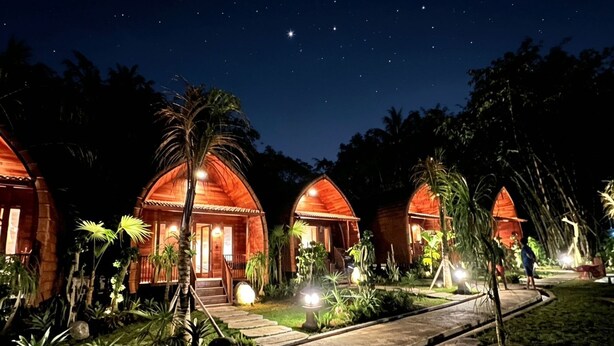 A row of wooden cottages with a pathway leading to them, surrounded by tropical vegetation. - The Jungle Pots (Payangan)