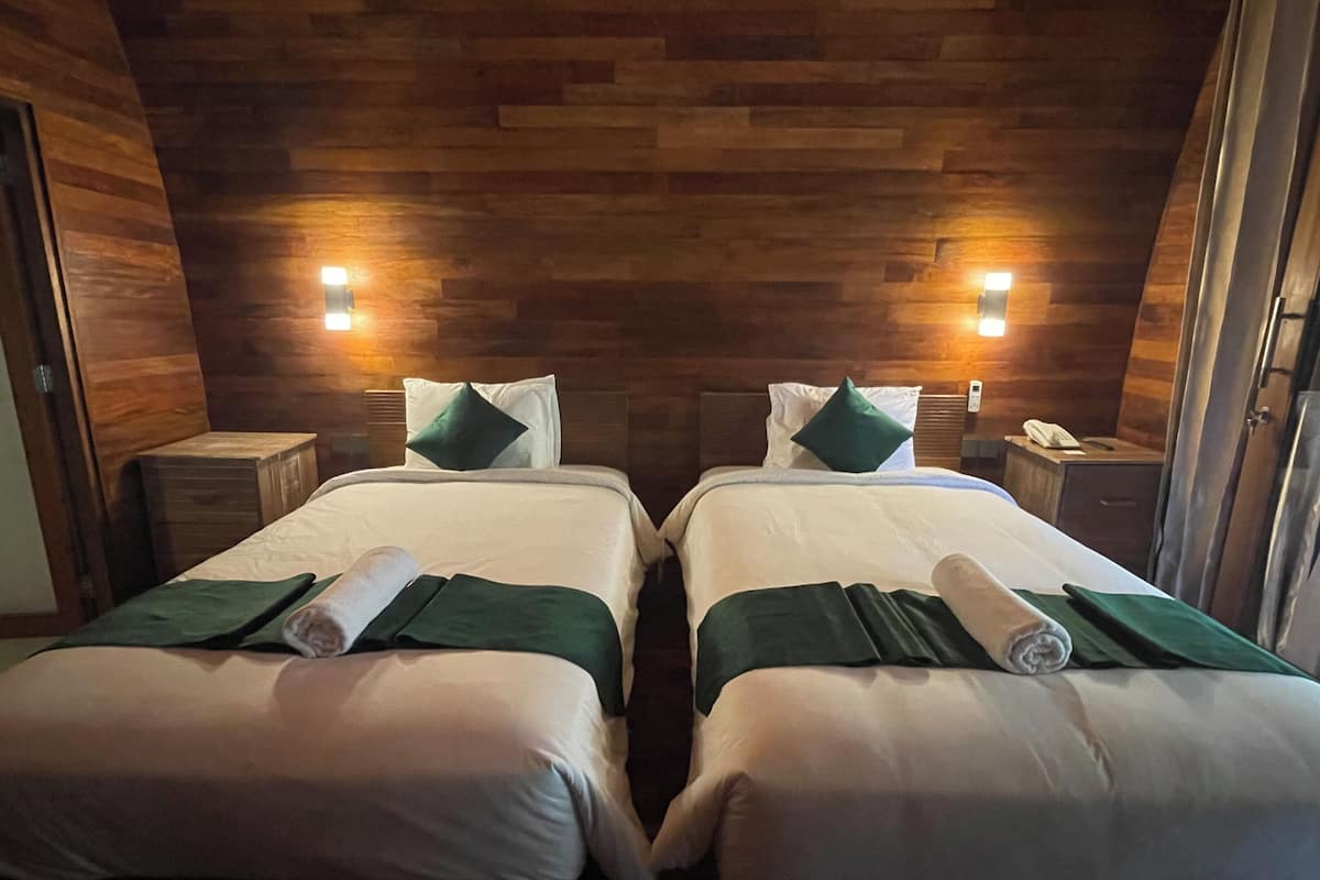 Two twin beds with green pillows and towels, wooden walls, and bedside lamps.