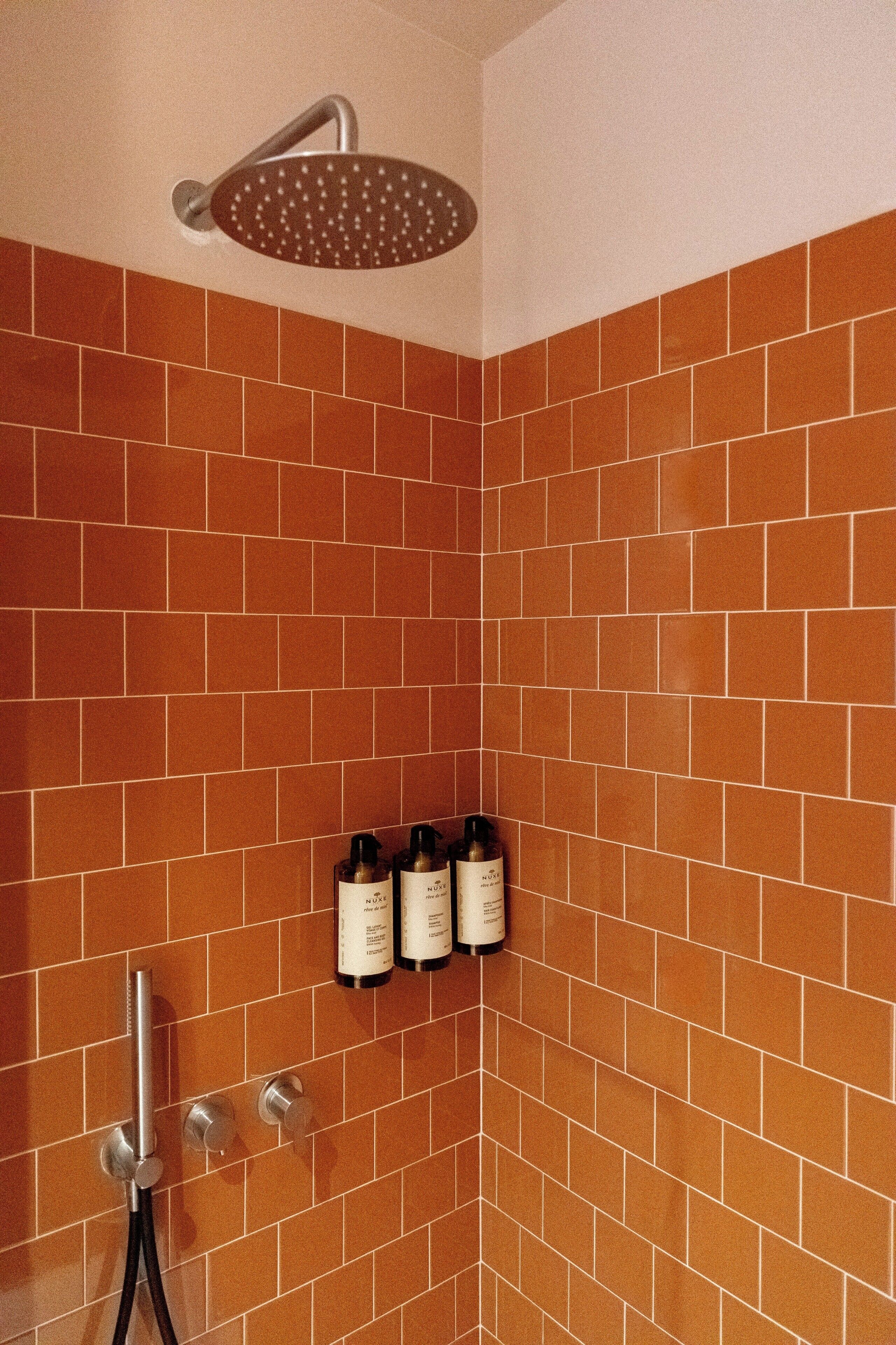 A shower with a handheld showerhead, a wall-mounted faucet, and a soap dispenser.