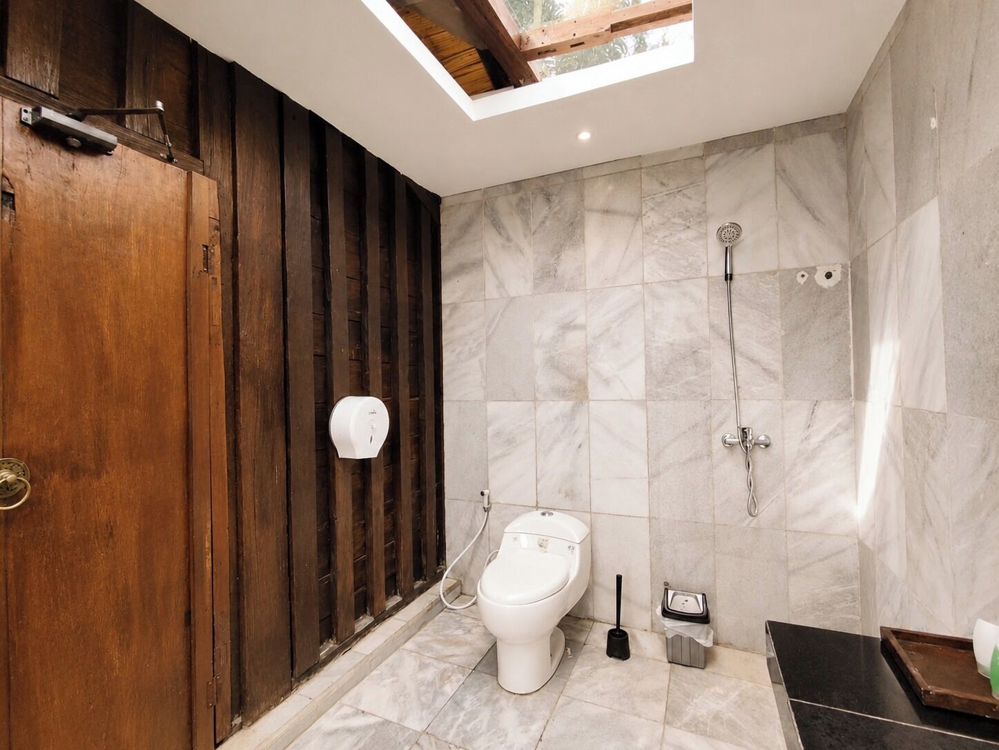 A bathroom with a wooden door, a toilet, a shower, and a skylight.