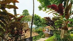 A pathway leading to a house with a tiled roof, surrounded by lush greenery and trees. - Dulang Resort & Resto (Lembang)