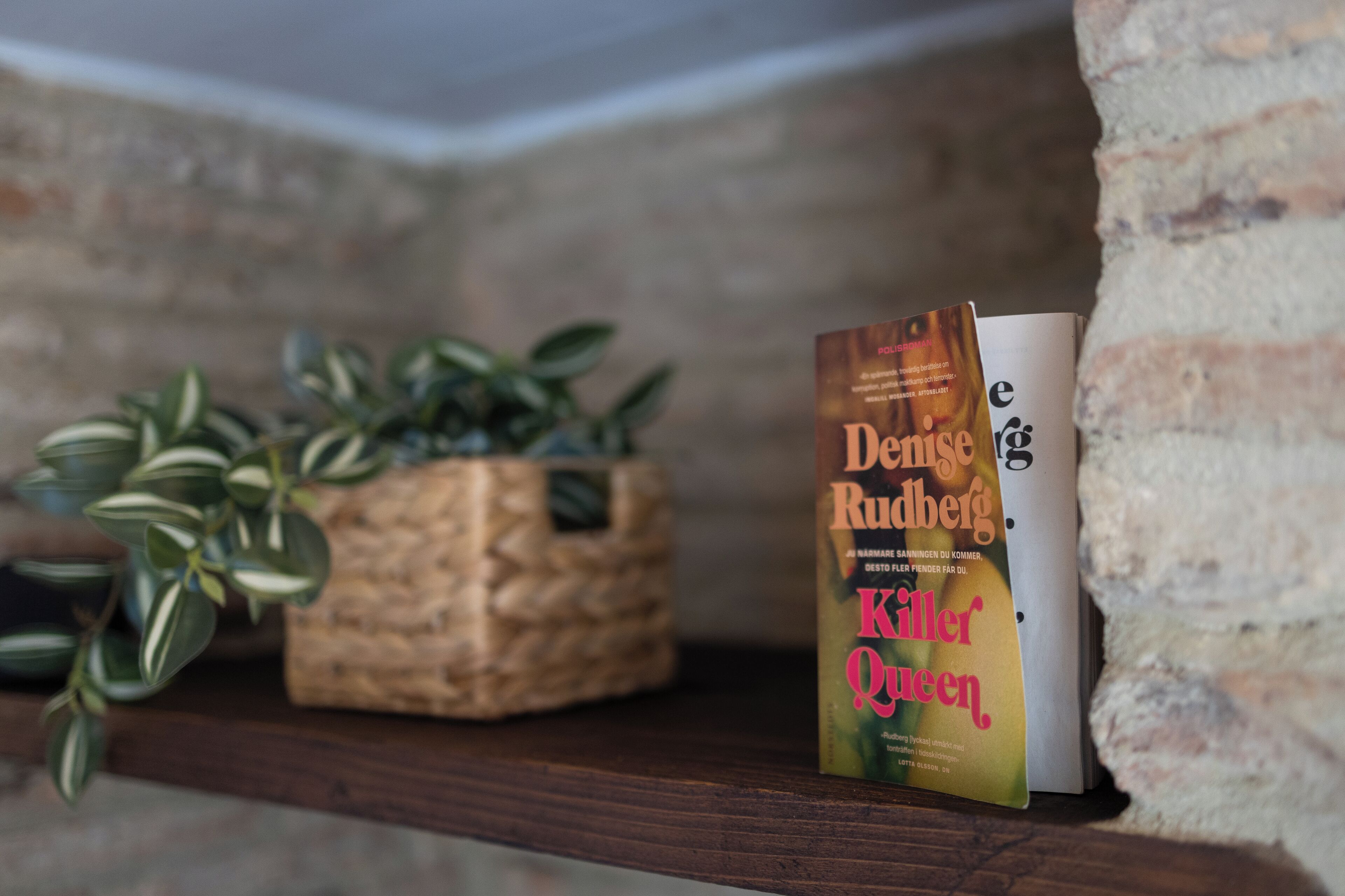 A book titled 'Killer Queen' by Denise Rudberg on a shelf.