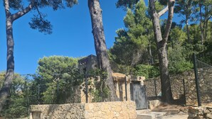 A stone building with a thatched roof, surrounded by trees and a stone wall. - Charming Provençal Cottage, 900 m from the Beach (Sanary-sur-Mer)