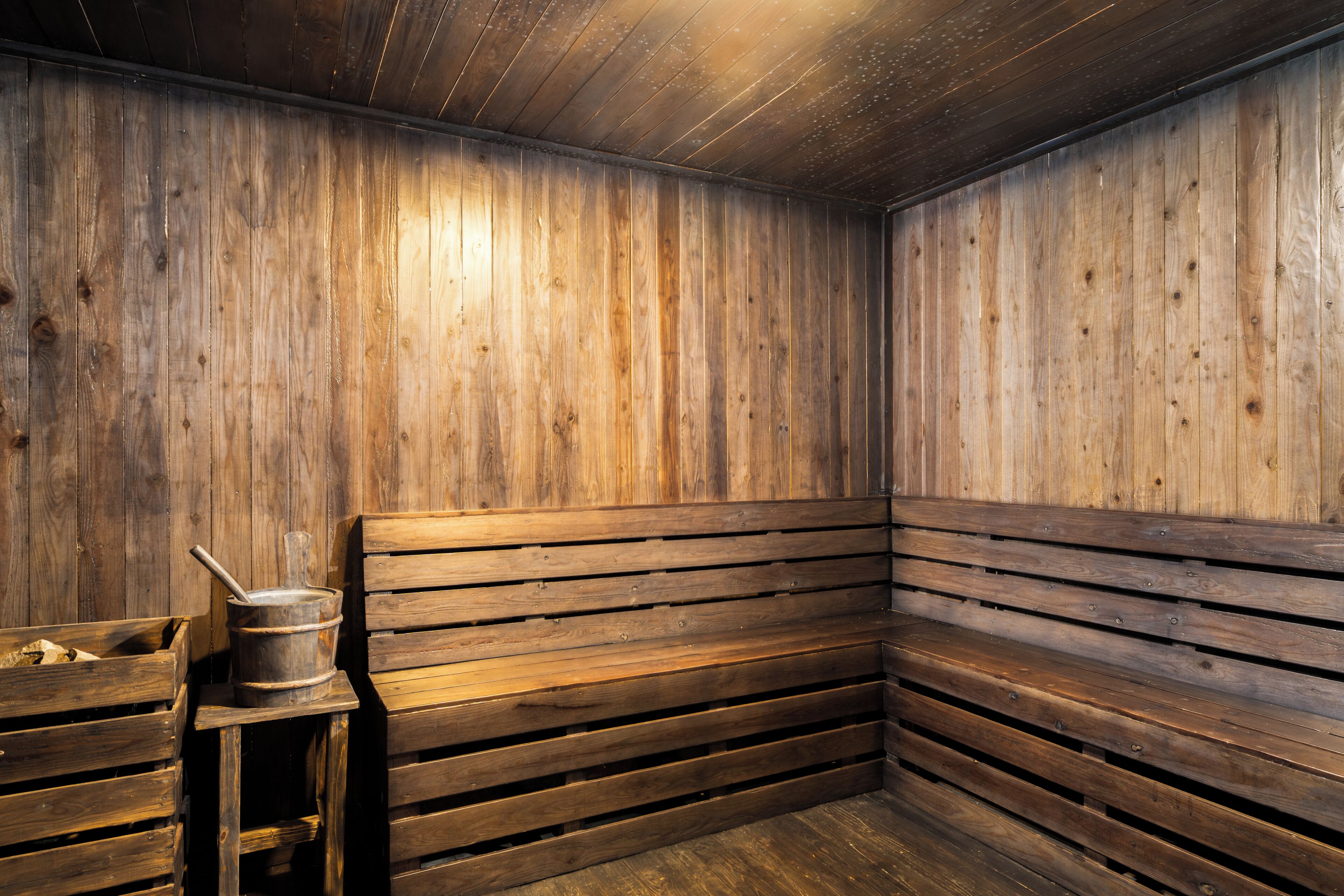 Una sauna con paredes y bancos de madera.