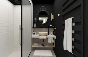 Hair dryer, towels, soap, shampoo