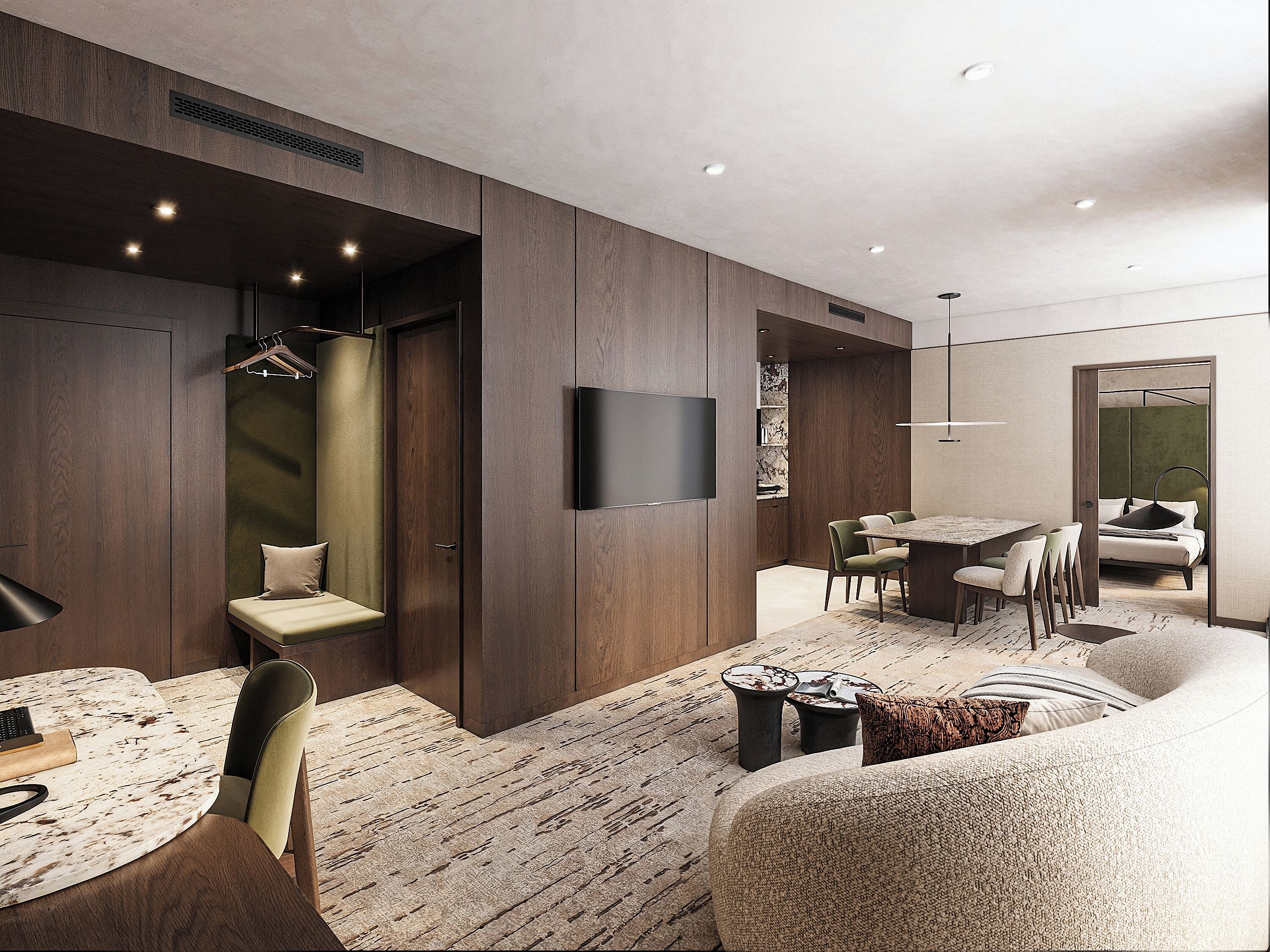 Una habitación de hotel moderna con cama, zona de estar, televisor de pantalla plana y una mesa de comedor.