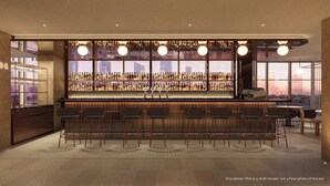 A bar with a long counter, multiple shelves of bottles, and several bar stools. - Mercure Melbourne La Trobe Street (West Melbourne)