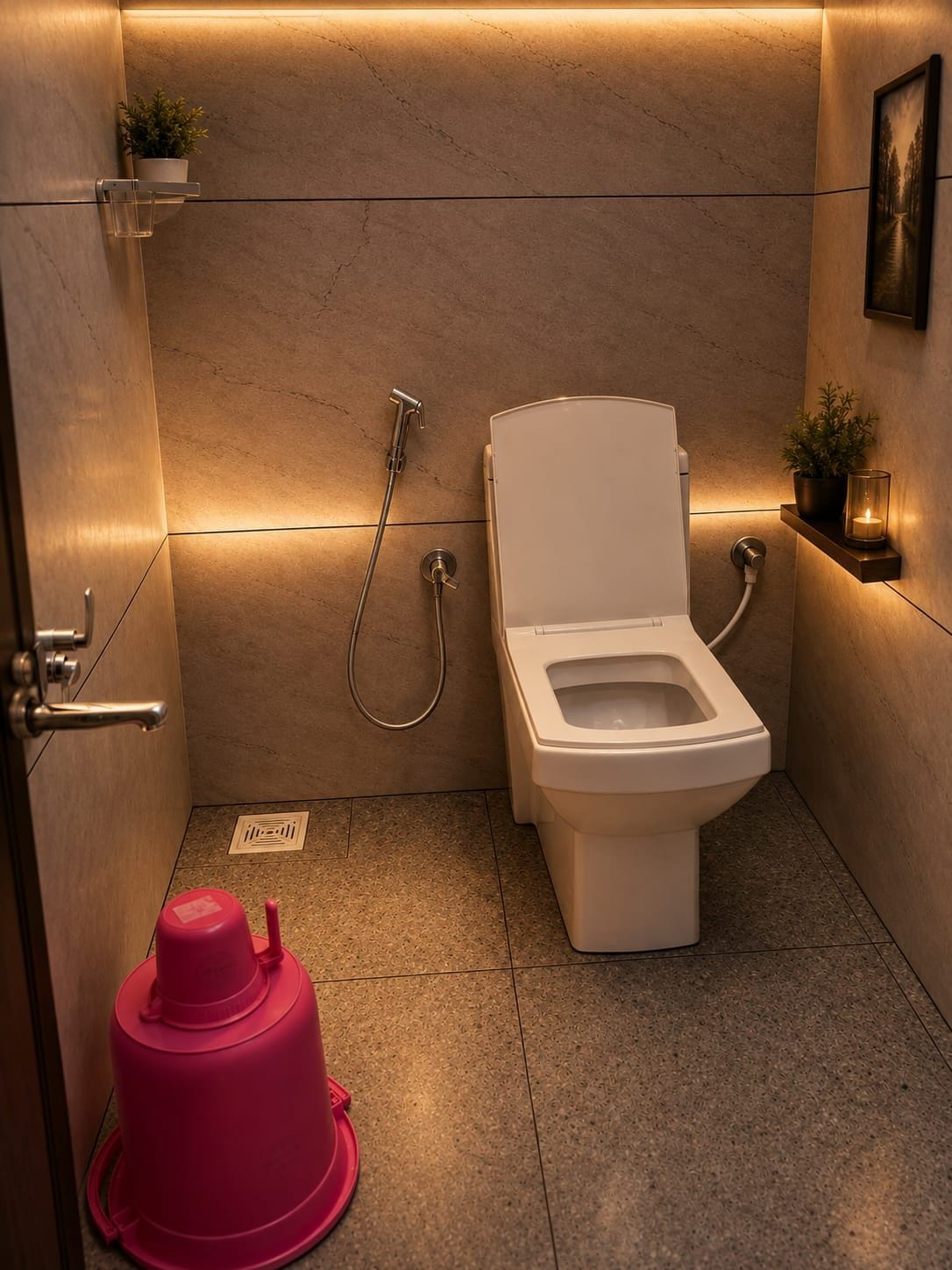 A compact bathroom with a toilet, a shower, and a small shelf with a plant and candle.