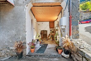 Une étroite entrée avec une porte en bois, des plantes en pot et une grille métallique au sol.