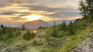 Vuoristoinen maisema, jossa on pieni kivirakennus, todennäköisesti mökki, ja sen ympärillä on tiheää metsää ja kallioista maastoa.