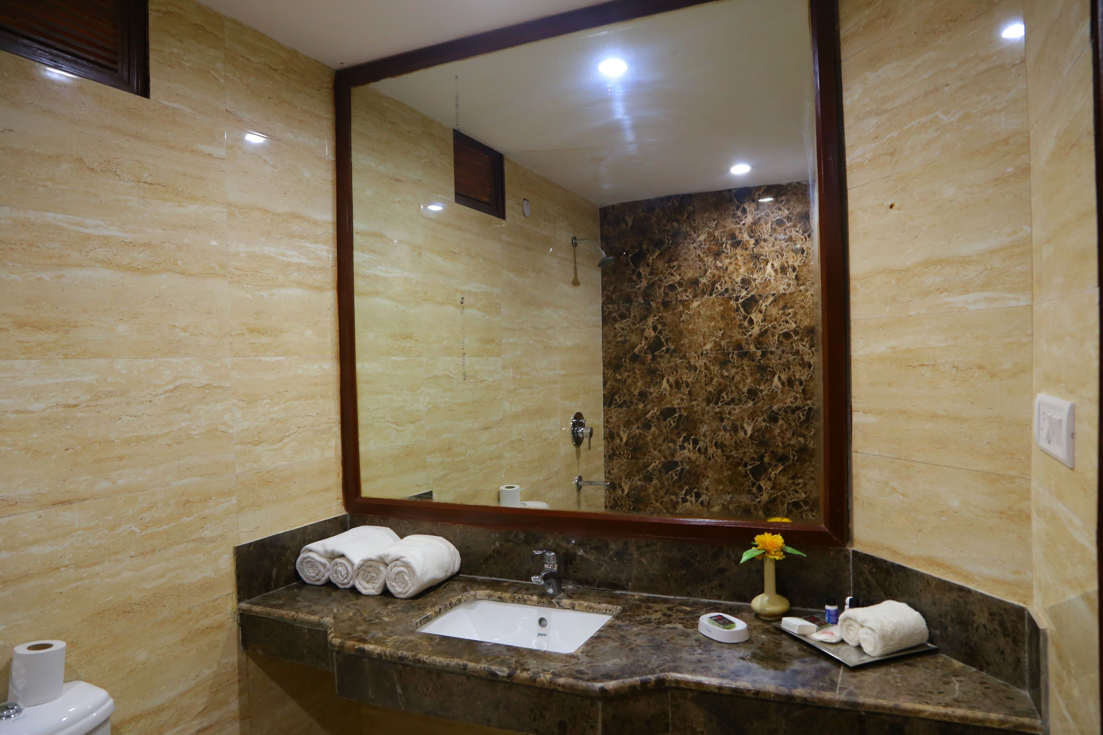 Shower, free toiletries, hair dryer, towels