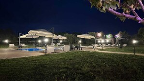 Un espace extérieur avec une piscine, des chaises longues et des parasols, entouré de pelouse et d’arbres.