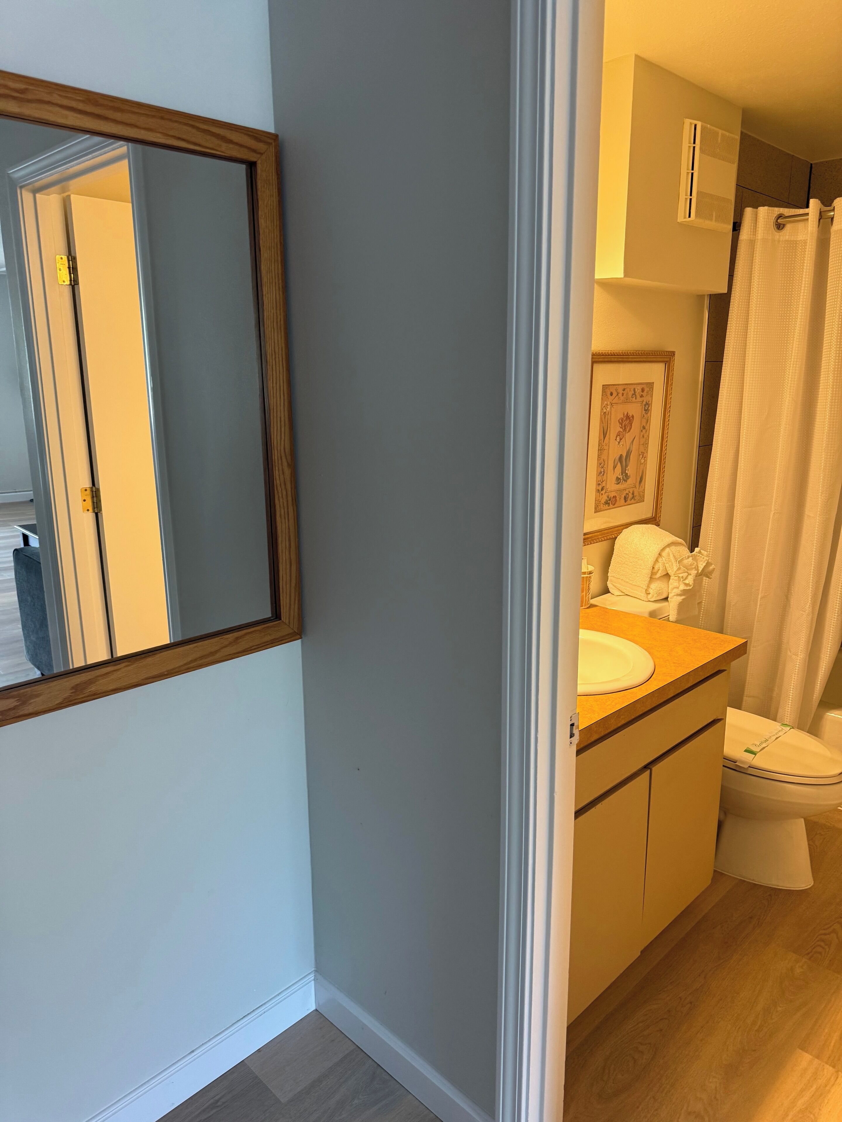 Un baño con un espejo de marco de madera, un lavabo, un inodoro y una cortina de ducha.