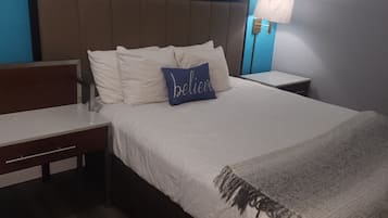 Desk, laptop workspace, free WiFi, bed sheets